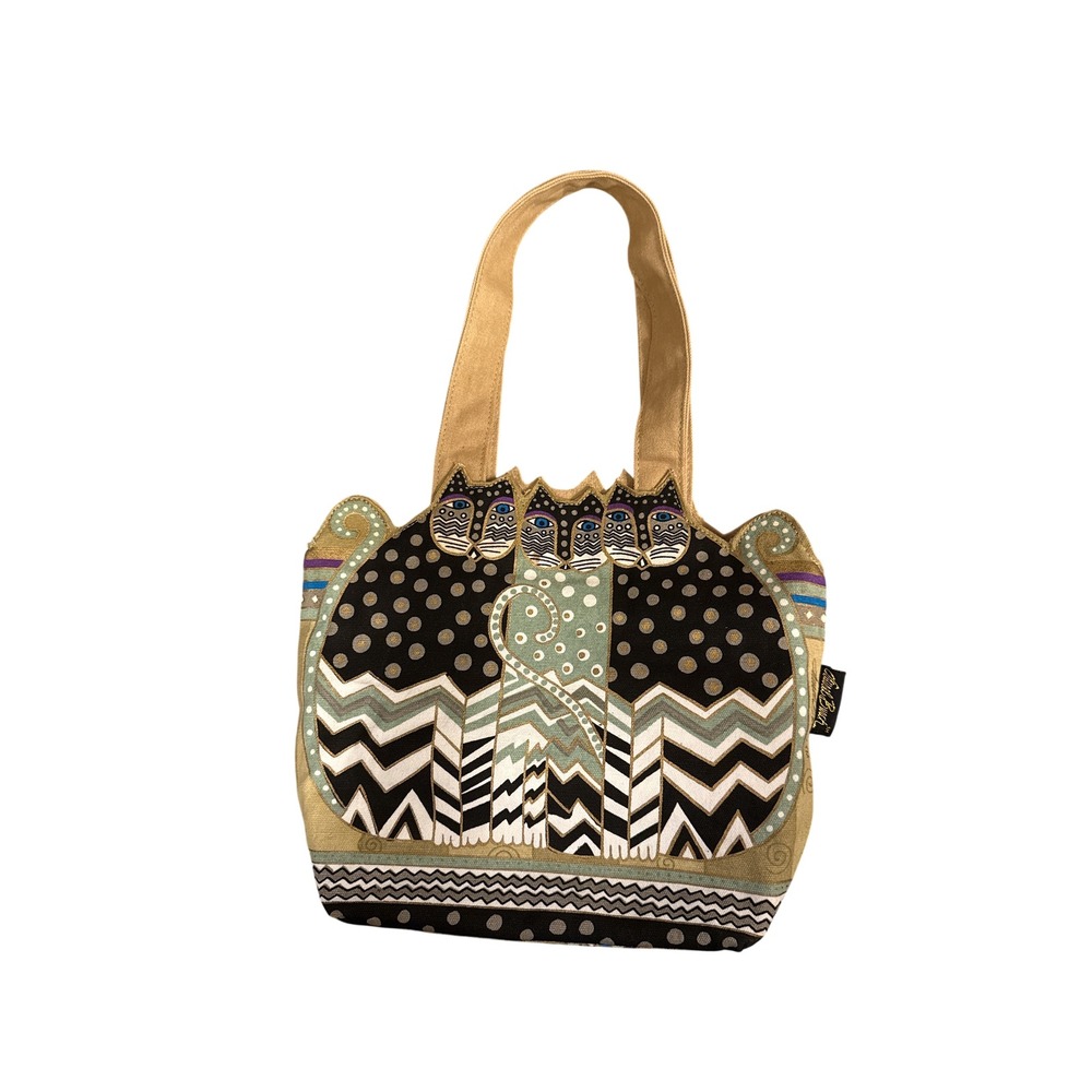 Laurel Burch Tote Bag Womens Small Black Gold Cat Canvas Whimsical Art